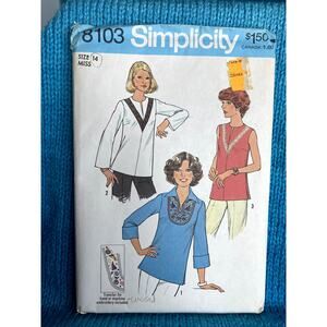 Simplicity 8103 pattern pullover top boho embroidery transfer 1970s size 14